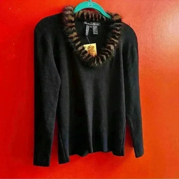 Y2K faux fur trim black fitted sweater top size XL - Picture 4 of 6